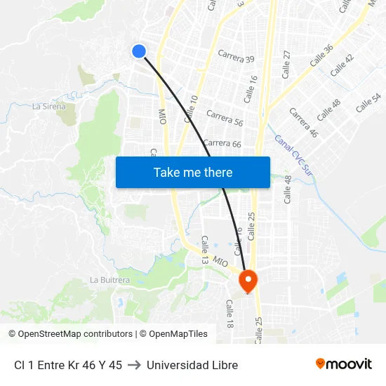 Cl 1 Entre Kr 46 Y 45 to Universidad Libre map