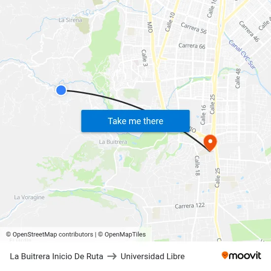 La Buitrera Inicio De Ruta to Universidad Libre map