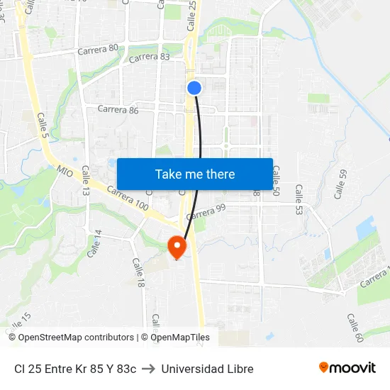 Cl 25 Entre Kr 85 Y 83c to Universidad Libre map