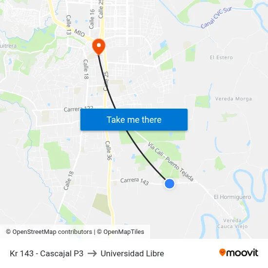 Kr 143 - Cascajal P3 to Universidad Libre map