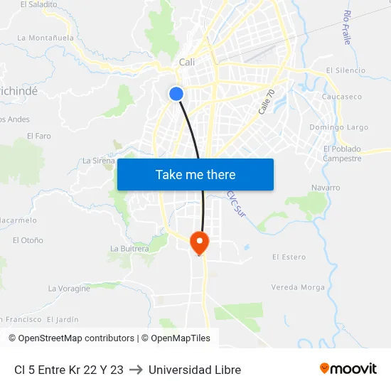 Cl 5 Entre Kr 22 Y 23 to Universidad Libre map