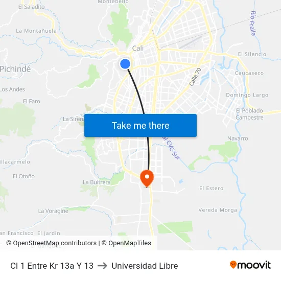 Cl 1 Entre Kr 13a Y 13 to Universidad Libre map
