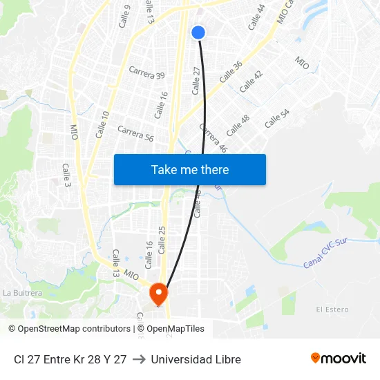 Cl 27 Entre Kr 28 Y 27 to Universidad Libre map