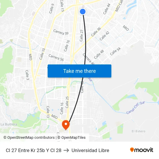 Cl 27 Entre Kr 25b Y Cl 28 to Universidad Libre map