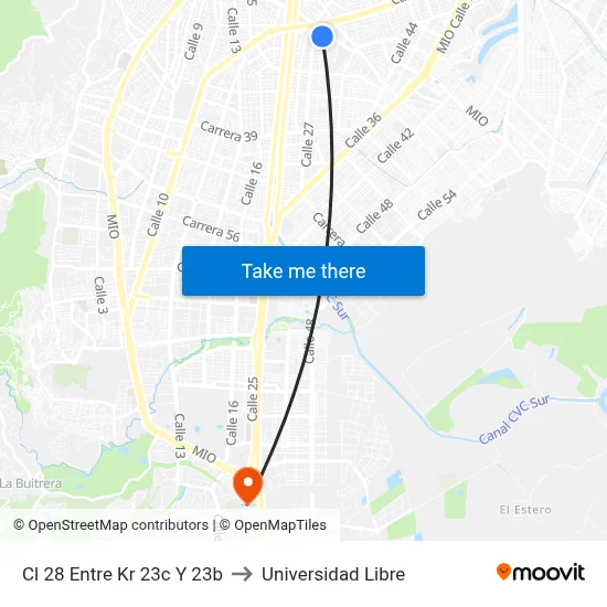 Cl 28 Entre Kr 23c Y 23b to Universidad Libre map