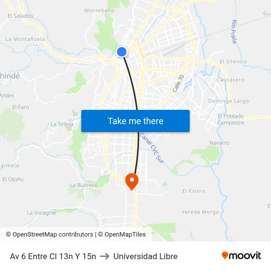 Av 6 Entre Cl 13n Y 15n to Universidad Libre map