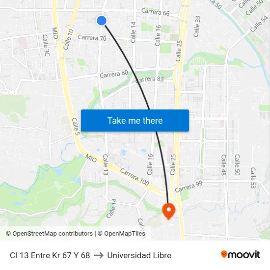 Cl 13 Entre Kr 67 Y 68 to Universidad Libre map