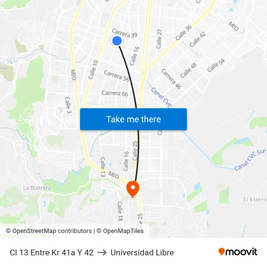 Cl 13 Entre Kr 41a Y 42 to Universidad Libre map