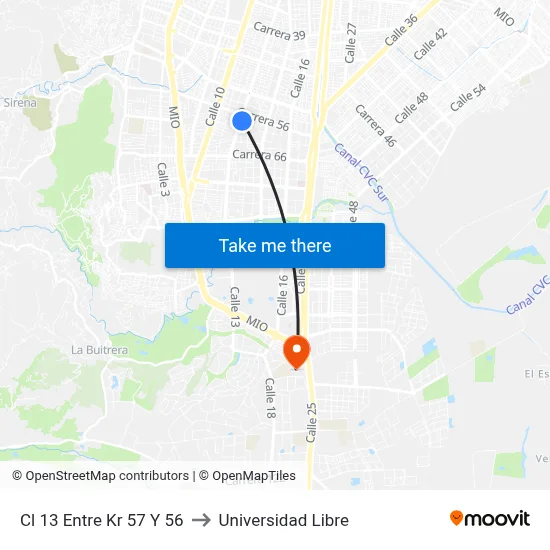 Cl 13 Entre Kr 57 Y 56 to Universidad Libre map