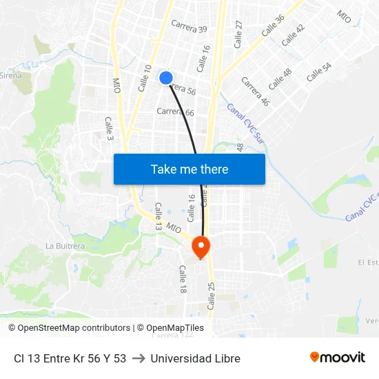 Cl 13 Entre Kr 56 Y 53 to Universidad Libre map