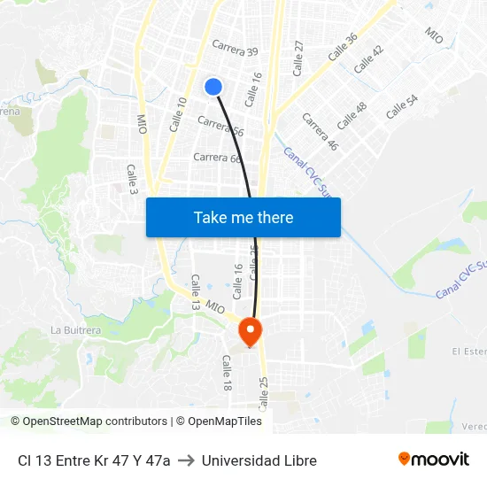 Cl 13 Entre Kr 47 Y 47a to Universidad Libre map