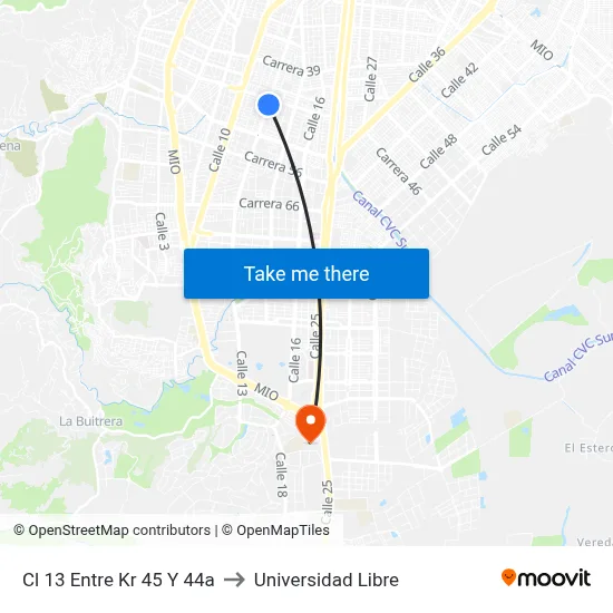 Cl 13 Entre Kr 45 Y 44a to Universidad Libre map