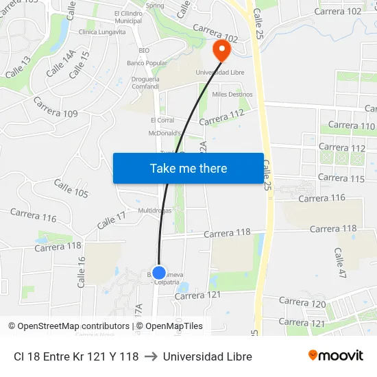Cl 18 Entre Kr 121 Y 118 to Universidad Libre map