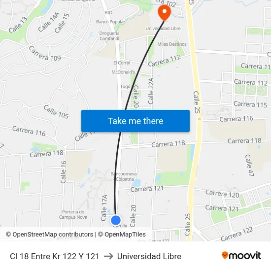 Cl 18 Entre Kr 122 Y 121 to Universidad Libre map