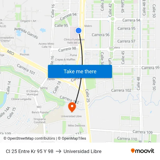 Cl 25 Entre Kr 95 Y 98 to Universidad Libre map