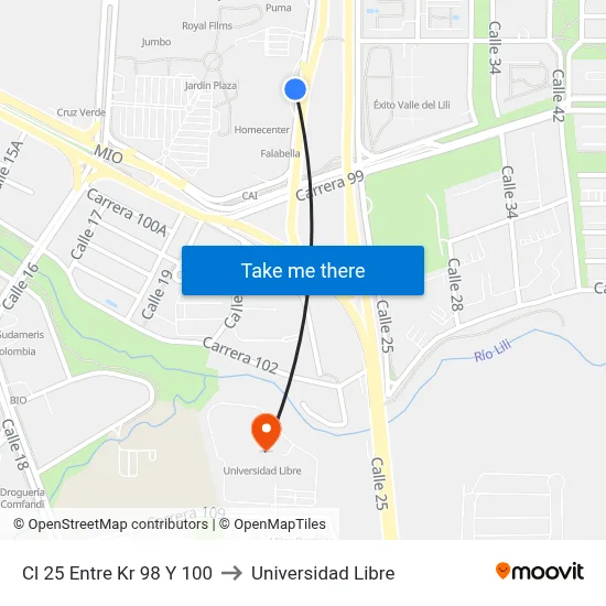 Cl 25 Entre Kr 98 Y 100 to Universidad Libre map