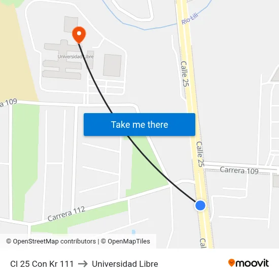 Cl 25 Con Kr 111 to Universidad Libre map