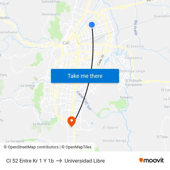 Cl 52 Entre Kr 1 Y 1b to Universidad Libre map
