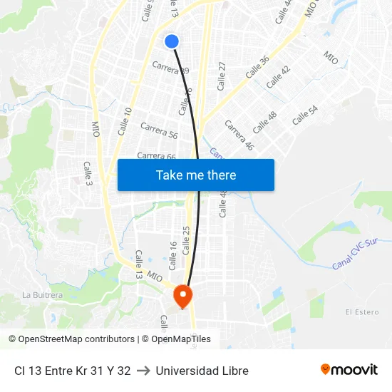 Cl 13 Entre Kr 31 Y 32 to Universidad Libre map