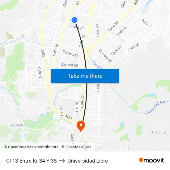 Cl 13 Entre Kr 34 Y 35 to Universidad Libre map