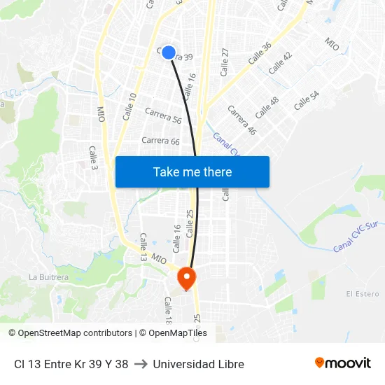Cl 13 Entre Kr 39 Y 38 to Universidad Libre map