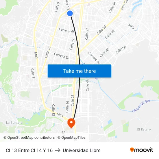 Cl 13 Entre Cl 14 Y 16 to Universidad Libre map