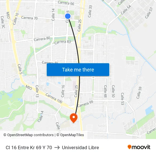 Cl 16 Entre Kr 69 Y 70 to Universidad Libre map