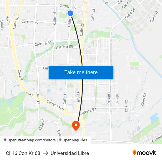 Cl 16 Con Kr 68 to Universidad Libre map