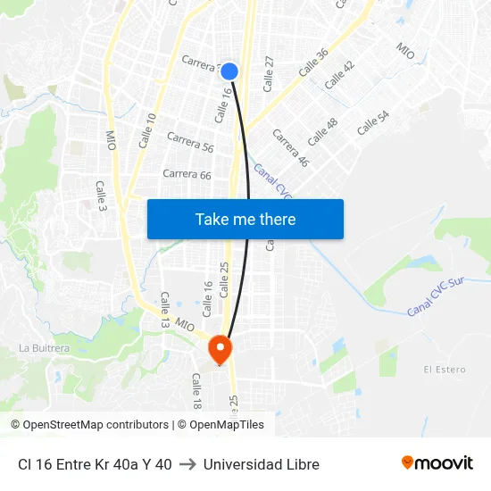 Cl 16 Entre Kr 40a Y 40 to Universidad Libre map