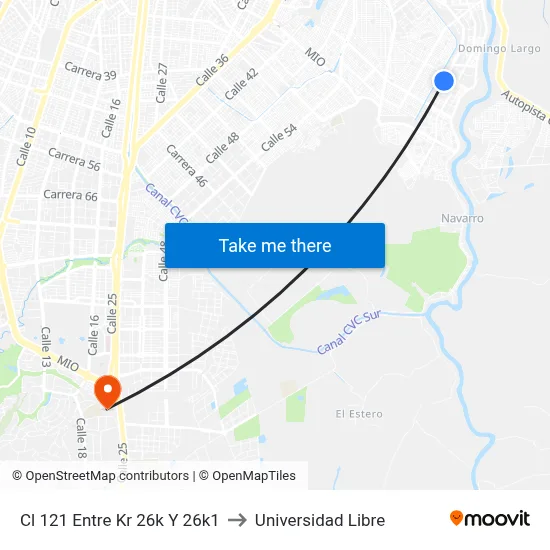 Cl 121 Entre Kr 26k Y 26k1 to Universidad Libre map