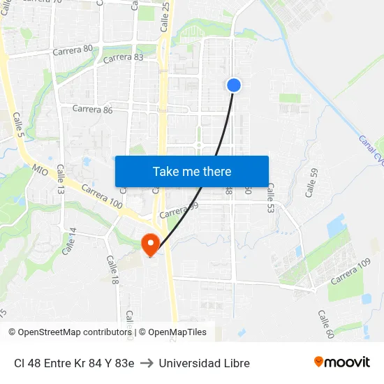 Cl 48 Entre Kr 84 Y 83e to Universidad Libre map
