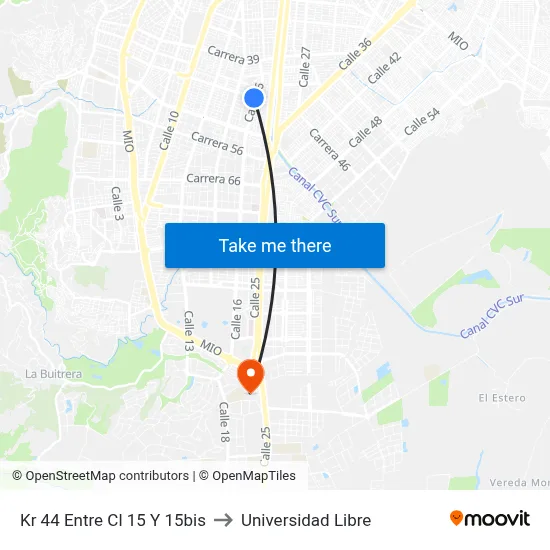 Kr 44 Entre Cl 15 Y 15bis to Universidad Libre map