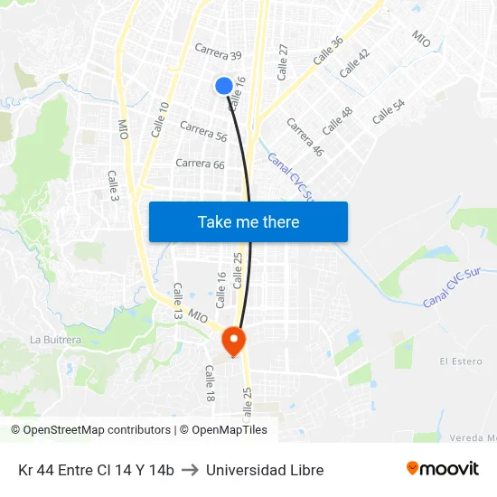 Kr 44 Entre Cl 14 Y 14b to Universidad Libre map