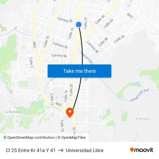 Cl 25 Entre Kr 41a Y 41 to Universidad Libre map