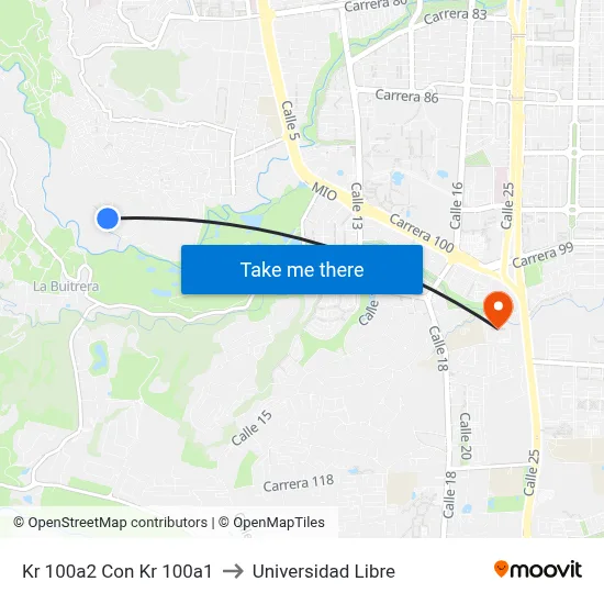 Kr 100a2 Con Kr 100a1 to Universidad Libre map