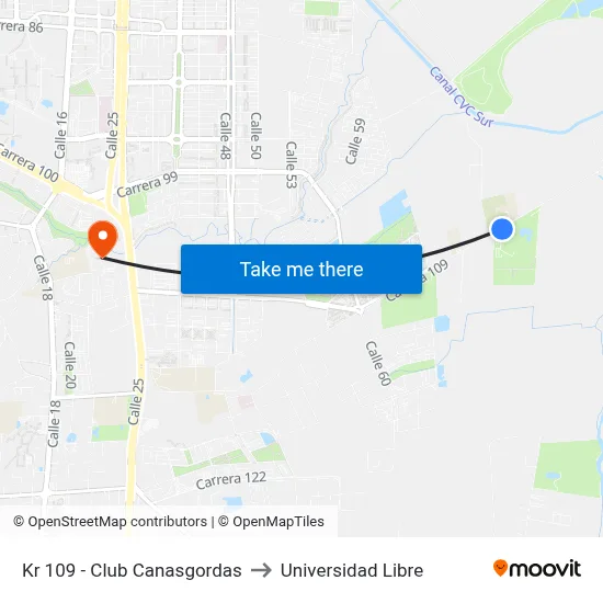 Kr 109 - Club Canasgordas to Universidad Libre map
