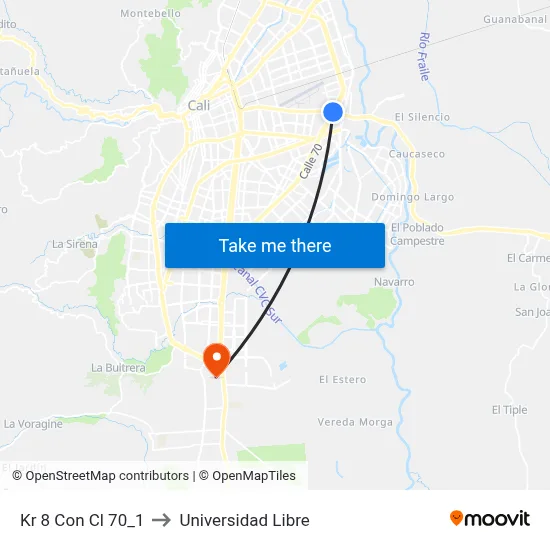 Kr 8 Con Cl 70_1 to Universidad Libre map