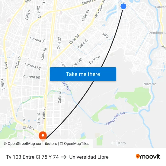 Tv 103 Entre Cl 75 Y 74 to Universidad Libre map
