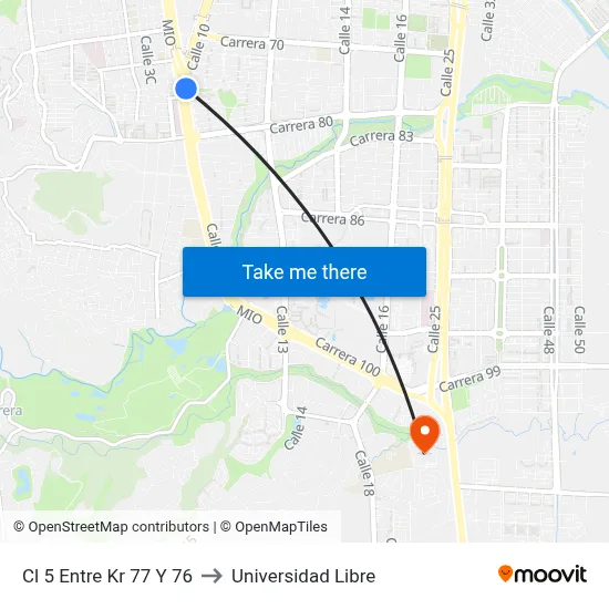 Cl 5 Entre Kr 77 Y 76 to Universidad Libre map