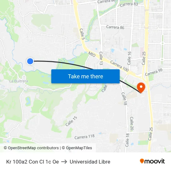 Kr 100a2 Con Cl 1c Oe to Universidad Libre map