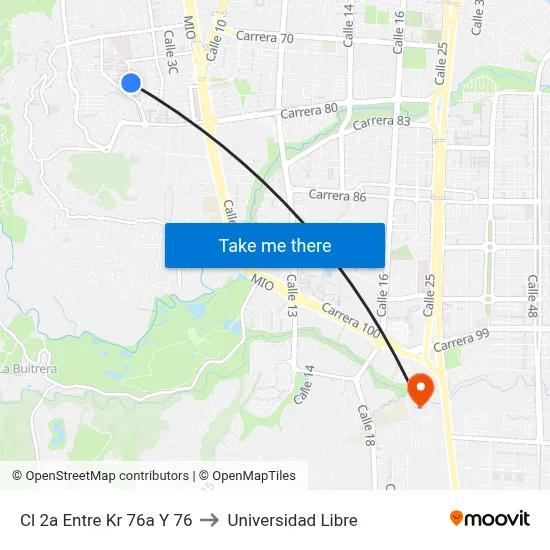 Cl 2a Entre Kr 76a Y 76 to Universidad Libre map