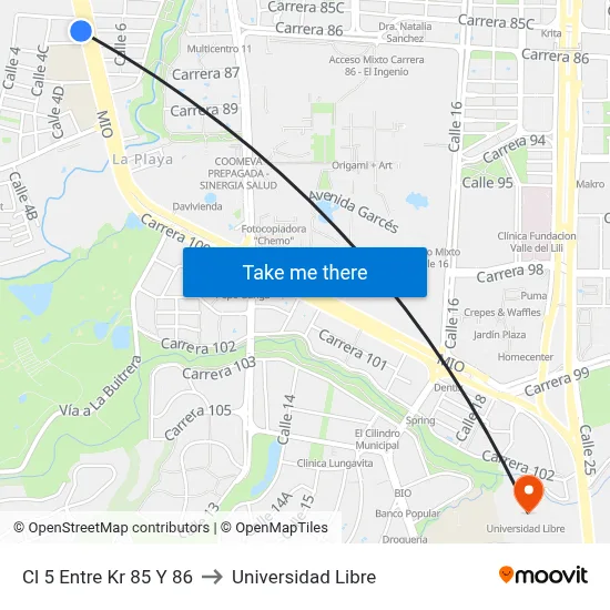 Cl 5 Entre Kr 85 Y 86 to Universidad Libre map