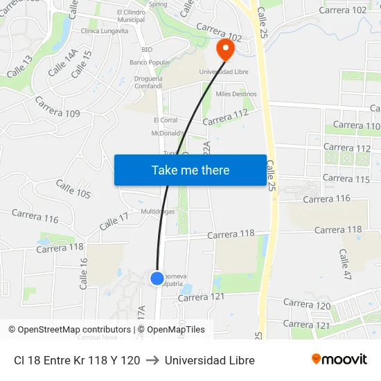 Cl 18 Entre Kr 118 Y 120 to Universidad Libre map