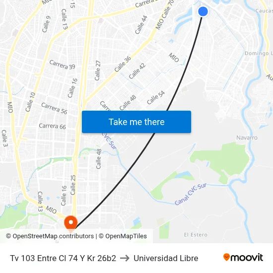Tv 103 Entre Cl 74 Y Kr 26b2 to Universidad Libre map