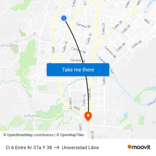 Cl 6 Entre Kr 37a Y 38 to Universidad Libre map