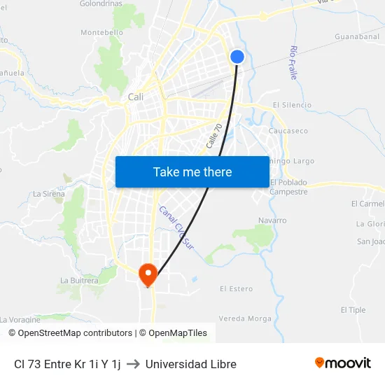 Cl 73 Entre Kr 1i Y 1j to Universidad Libre map