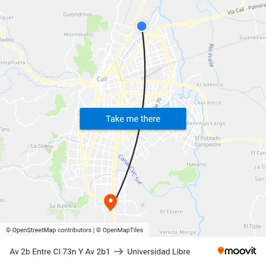 Av 2b Entre Cl 73n Y Av 2b1 to Universidad Libre map