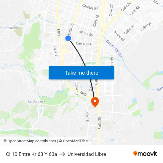 Cl 10 Entre Kr 63 Y 63a to Universidad Libre map