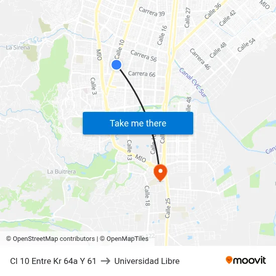 Cl 10 Entre Kr 64a Y 61 to Universidad Libre map