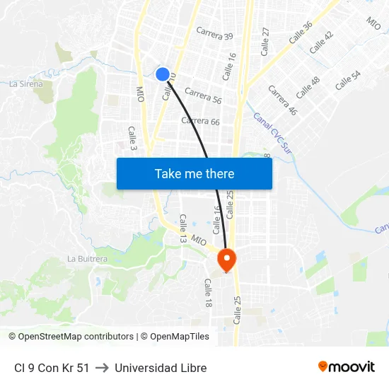 Cl 9 Con Kr 51 to Universidad Libre map